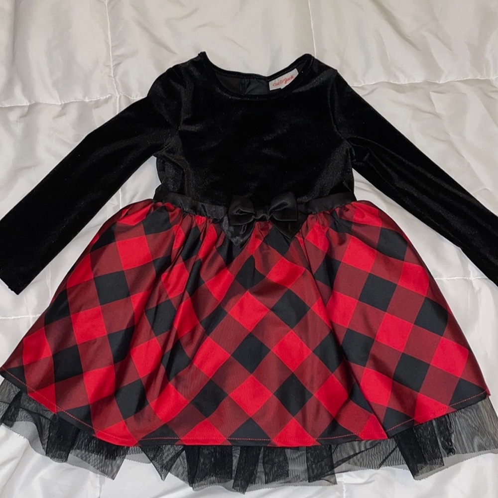 Cat & Jack Girls' Plaid Velour Long Sleeve Dress Red